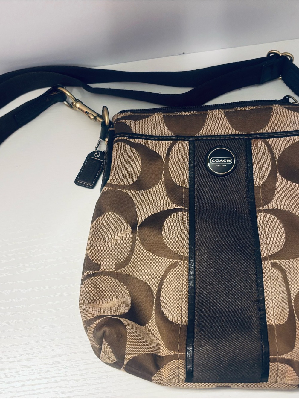 COACH Brown Signature Canvas Crossbody with Dark Brown Stripe